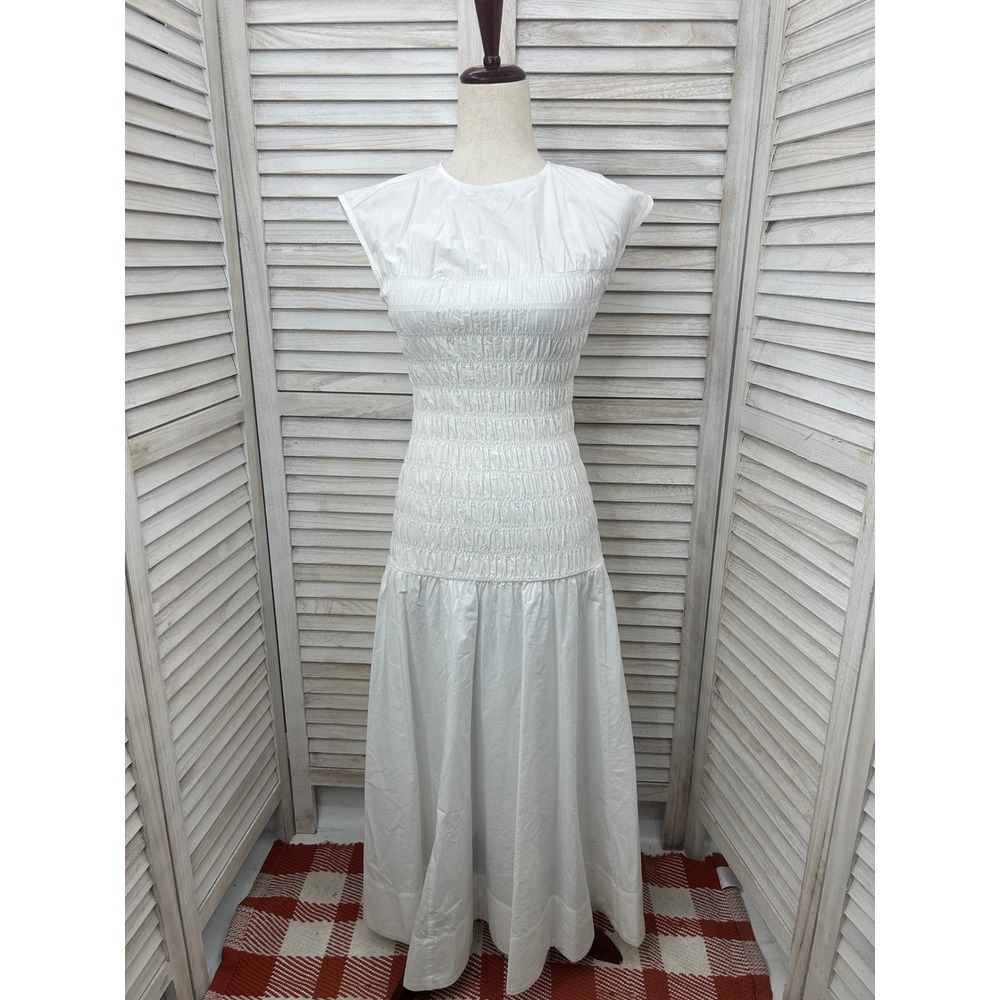 J. Crew Smocked Poplin midi Dress XXS White Cotton Summer ruched bridal maxi NEW